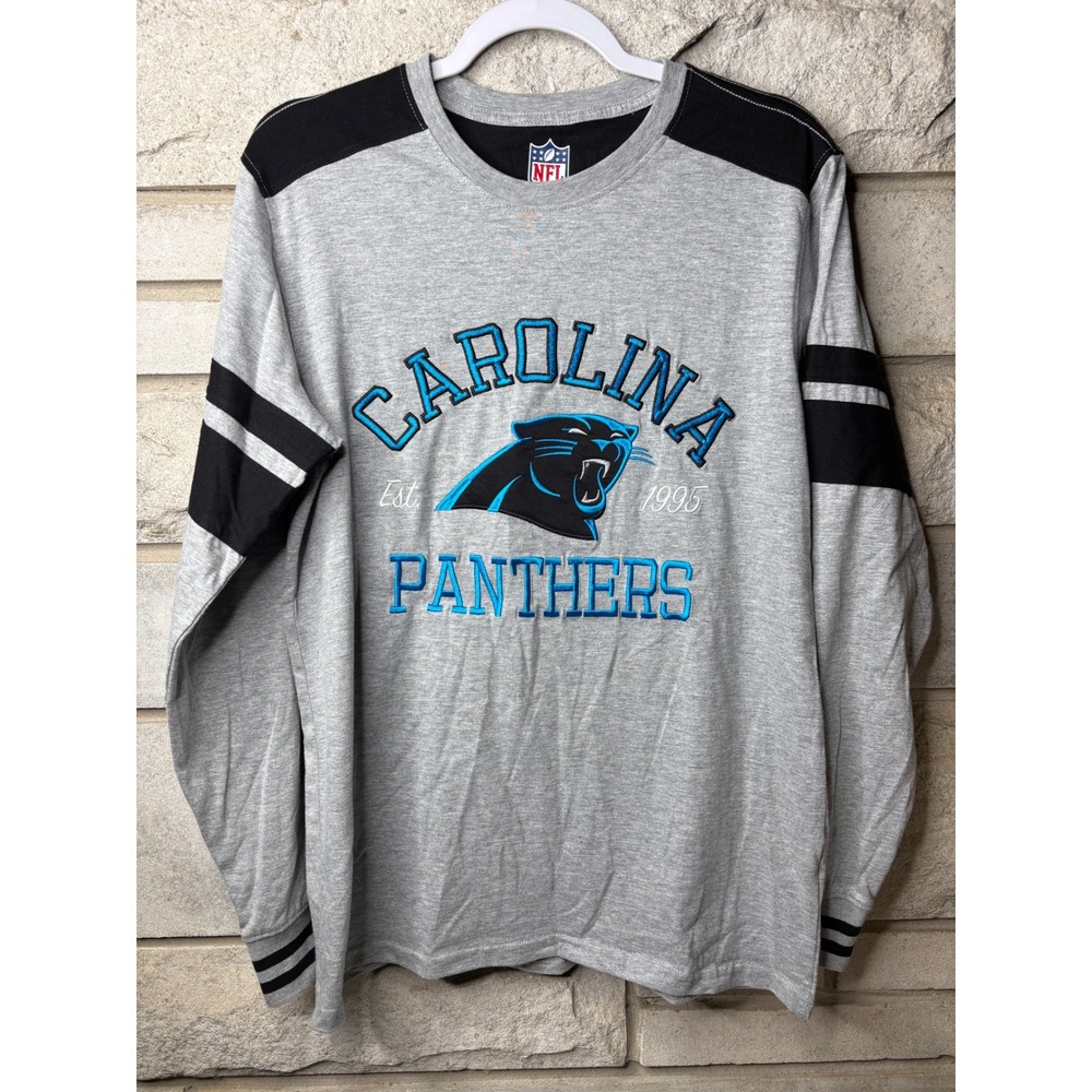 NFL Carolina Panthers Long‎ Sleeve Shirt Mens Medium Gray Black Embroidered Logo